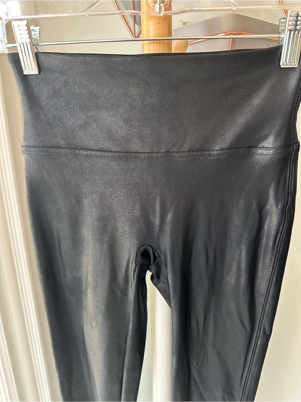 SPANX Bodyshaper High-Waist Black Faux Leather Leggings Tummy Control Sz Small